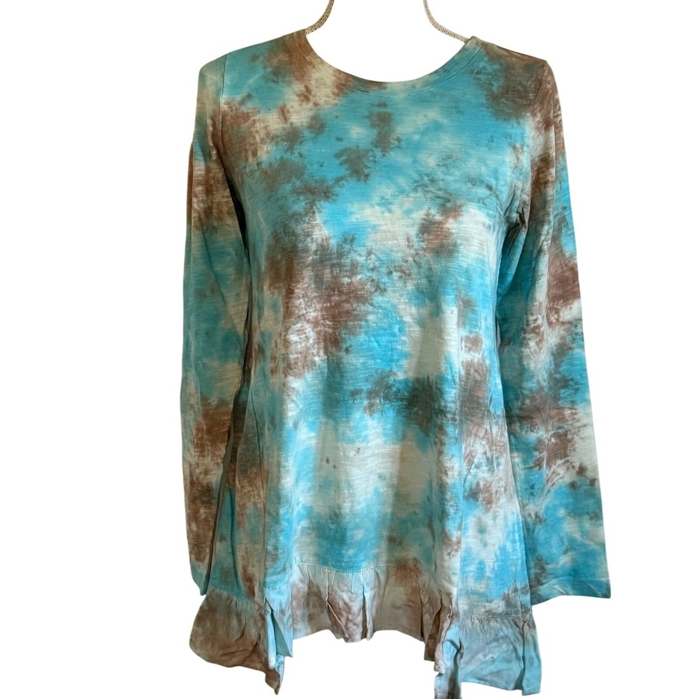 NEW NWT LOGO Lori Goldstein XXS Tie Dye‎ Long Sleeve Ruffle Hem Top Blouse